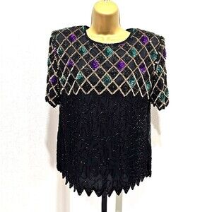 Mark & John By Gopal 100% Silk Sequin Beaded Black Top Medium Maximalist Glam